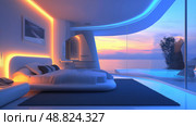 Modern bedroom with stunning ocean view during sunrise offers serenity and tranquility. Стоковое AI-изображение, AI-художник Михаил Коханчиков / Фотобанк Лори