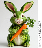 A rabbit holding a carrot in its mouth. Стоковое AI-изображение, AI-художник Ярославский Максим / Фотобанк Лори