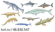 Dinosaur sea animal icons, jurassic marine reptile. Стоковая иллюстрация, иллюстратор Александрина / Фотобанк Лори