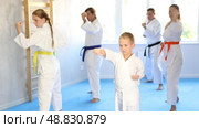 Kid boy and his family repeat movements and learn fighting techniques during martial arts lesson. Стоковое видео, видеограф Яков Филимонов / Фотобанк Лори