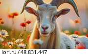 A cute goat in bright meadow flowers. Perfect for wildlife documentaries, conservation campaigns or any project that seeks to evoke the mystery and power of this animal. Стоковое AI-видео, аниматор ALLA YURTAYEVA / Фотобанк Лори