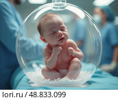 Новорожденный ребенок находится в прозрачной температурной камере, окруженный амниотической жидкостью. Малыш в естественной позе, с закрытыми глазами, в стерильной больничной обстановке. Стоковое AI-изображение, AI-художник Сергей Никифоров-Гордеев / Фотобанк Лори