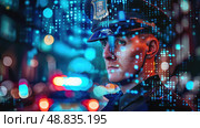A police officer in uniform stares into the distance, a city night scene with digital data superimposed behind him. Стоковое AI-изображение, AI-художник Данила Большаков / Фотобанк Лори
