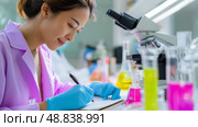 Scientist conducts research in laboratory with colorful reagents and detailed observations. Стоковое AI-изображение, AI-художник Сергей Толмачёв / Фотобанк Лори