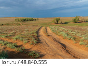 View of semi-desert landscapes opening from the foot of the tourist center "Sarai-Batu" on a sunny summer day, Kharabalinsky district, Astrakhan region, Russia. Стоковое фото, фотограф Ula Ulachka / Фотобанк Лори