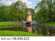Slavyanka River and the Pill Tower Bridge in the Pavlovsky Palace and Park Complex on a summer day, Pavlovsk, Saint Petersburg, Russia. Редакционное фото, фотограф Ula Ulachka / Фотобанк Лори
