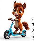 A cartoon horse is riding a blue scooter. Стоковое AI-изображение, AI-художник Ярославский Максим / Фотобанк Лори