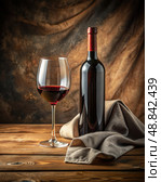 Glass of Red Wine Beside Bottle of Z Standard Scale X. Generative AI. Стоковое AI-изображение, AI-художник Roman Zavorotny / Фотобанк Лори