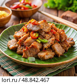 Green Plate With Juicy Fried Pork and Vegetables. Generative AI. Стоковое AI-изображение, AI-художник Roman Zavorotny / Фотобанк Лори