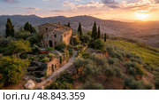 Stunning Sunset Over a Rustic Villa in the Tuscan Countryside With Rolling Hills and Olive Trees. Стоковое AI-изображение, AI-художник Юлия Гапеенко / Фотобанк Лори