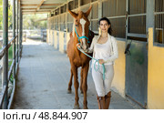 Young woman leads horse out of stable. Стоковое фото, фотограф Яков Филимонов / Фотобанк Лори