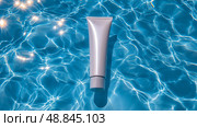Sunscreen tube rests on shimmering water surface at midday/ Тюбик с солнцезащитным кремом лежит на сверкающей поверхности воды в полдень. Стоковое AI-изображение, AI-художник Katsiaryna Repich / Фотобанк Лори