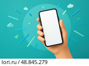 3D-иллюстрация руки, держащей современный смартфон с пустым белым экраном на ярком голубом фоне. Экран устройства идеально подходит для размещения собственного изображения, логотипа, текста или рекламного баннера. Вокруг — абстрактные графические элементы (облака, линии, геометрические фигуры), создающие ощущение динамики и современного цифрового стиля. Это универсальный шаблон для презентаций мобильных приложений, интернет-сервисов, маркетинговых материалов, рекламы и промо-дизайна. Стоковое AI-изображение, AI-художник Sergey Starostin / Фотобанк Лори