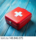 A vivid red first aid kit is positioned on an inviting blue wooden table, symbolizing safety and preparedness. This essential tool offers peace of mind in emergencies. Стоковое AI-изображение, AI-художник Ольга Игнашина / Фотобанк Лори