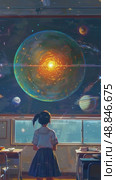 A young girl in a school uniform stands by a window, gazing out at a large cosmic sphere projected on the wall, surrounded by stars and planets. Стоковое AI-изображение, AI-художник Данила Большаков / Фотобанк Лори