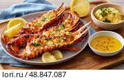 Grilled lobster thermidor with lemon butter and mashed potatoes on wooden platter. Стоковое AI-изображение, AI-художник Olga Didraga / Фотобанк Лори