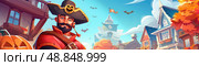 A pirate captain dressed in red and black walks through a town decorated for Halloween. Bats fly overhead, and a carved pumpkin sits at the captains feet. Стоковое AI-изображение, AI-художник Данила Большаков / Фотобанк Лори