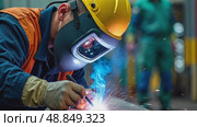 A close-up of a worker's face behind a protective mask, welding a pipeline in an oil refinery, with sparks and intense light. Стоковое AI-видео, аниматор Sergey Grishin / Фотобанк Лори