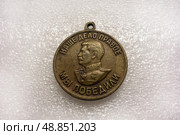 Brass medal "For the Victory over Germany in the Great Patriotic War of 1941-1945" USSR isolated on a white background. Стоковое фото, фотограф Iva Noel / Фотобанк Лори
