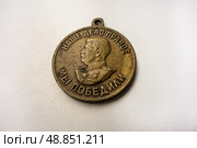 Brass medal "For the Victory over Germany in the Great Patriotic War of 1941-1945" USSR isolated on a white background. On the front side: a profile bust of Stalin in the uniform of Marshal of the Soviet Union. At the top: along the circumference the inscription "Our cause is just", at the bottom - "We won". On the back side: along the circumference - "For the victory over Germany", in the center - "in the Great Patriotic War of 1941-1945", at the bottom - a five-pointed star. Стоковое фото, фотограф Iva Noel / Фотобанк Лори