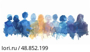 A watercolor illustration of a group of people sitting together, viewed from behind. They are silhouetted in blue, with a few hints of orange and pink. Стоковое AI-изображение, AI-художник Данила Большаков / Фотобанк Лори
