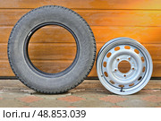 Комплект для автомобиля LADA Нива Travel: стальной колесный диск Magnetto 15006 6x15/5x139.7 D98.5 ET40 Silver, вентиль (латунь) для бескамерных шин  и зимняя шина Nordman 8 205/70 R15 на фоне гаражных ворот. Редакционное фото, фотограф Владимир Литвинов / Фотобанк Лори