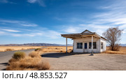 Deserted gas station in drought-blasted rural highway. Water crisis and water shortage in summer during long drought is a global problem of drought on the planet. Стоковое AI-изображение, AI-художник ALLA YURTAYEVA / Фотобанк Лори
