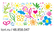 Collection Charcoal Pencil Doodle Flowers. Chalk Hand Drawn Squiggles. for Kids in Vibrant Colors. Vector Elements, Cloud, Sun, Flower, Leaves, Plants, Strokes, Scribbles, heart, petal, crown, leaf. Редакционная иллюстрация, иллюстратор Tosunyan Lusine / Фотобанк Лори