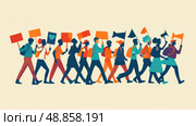 A colorful illustration of a group of people marching together, holding signs and flags. They represent a diverse range of ages, genders, and ethnicities. Стоковое AI-изображение, AI-художник Данила Большаков / Фотобанк Лори