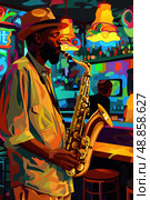 An illustration of a jazz musician playing a saxophone in a brightly colored nightclub. The musician is wearing a hat and a light-colored shirt, and the saxophone is in the foreground. Стоковое AI-изображение, AI-художник Данила Большаков / Фотобанк Лори