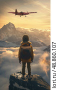 Lone figure stands on mountain peak, looking out at vast expanse of clouds and mountains. Small airplane flies overhead, disappearing into golden light of setting sun. Стоковое AI-изображение, AI-художник Данила Большаков / Фотобанк Лори