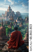 A lone monk sits in meditation on a stone platform overlooking the ancient temples of Bagan, Myanmar. The sun is rising over the horizon, casting a golden light on the surrounding landscape. Стоковое AI-изображение, AI-художник Данила Большаков / Фотобанк Лори