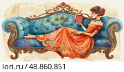 An illustration of a woman in a long orange dress lounging on a blue, ornate couch, reading a book. Стоковое AI-изображение, AI-художник Данила Большаков / Фотобанк Лори