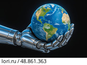 Robotic hand with artificial intelligence tightly holds planet Earth, symbolizing future control, global dominance, technological power, AI management, resource regulation, digital supremacy. Стоковое AI-изображение, AI-художник Павел Муравьев / Фотобанк Лори
