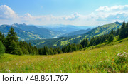 Panoramic mountain landscape with green valleys, pine forests, distant ridges, wildflowers, blue sky, white clouds, tranquil natural summer background, outdoor travel scenery. Стоковое AI-изображение, AI-художник Павел Муравьев / Фотобанк Лори