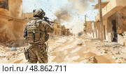 A soldier in camouflage gear aims a rifle down a street in a war-torn city. The scene is filled with dust and debris, and the buildings are heavily damaged. Стоковое AI-изображение, AI-художник Данила Большаков / Фотобанк Лори