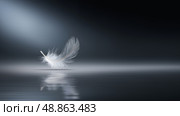 Floating white feather reflecting on calm water in a serene setting. Плывущее белое перо, отражающееся в спокойной воде в безмятежной обстановке. Стоковое AI-изображение, AI-художник Katsiaryna Repich / Фотобанк Лори