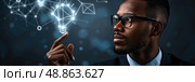 A businessman wearing glasses looks thoughtfully at a digital network concept, envisioning future innovation. Стоковое AI-изображение, AI-художник Данила Большаков / Фотобанк Лори