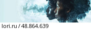 A woman with curly hair poses in front of a blue smoke background, her face partially obscured by the smoke. Стоковое AI-изображение, AI-художник Данила Большаков / Фотобанк Лори