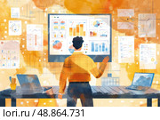 An illustration of a man standing in front of a large screen displaying a variety of data charts and graphs, suggesting he is analyzing and interpreting information in a modern office setting. Стоковое AI-изображение, AI-художник Данила Большаков / Фотобанк Лори