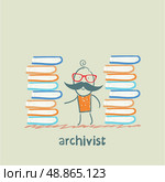 archivist standing near piles of books. Стоковая иллюстрация, агентство Ingram Publishing / Фотобанк Лори