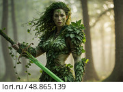 Fantasy Woman magician warrior druid on the background of the forest. Стоковое AI-изображение, AI-художник Александр Поташев / Фотобанк Лори