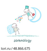 somnology standing on the moon and throws multicolored medication to a patient who is sleeping. Стоковая иллюстрация, агентство Ingram Publishing / Фотобанк Лори