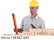 mason holding a level and a trowel. Стоковое фото, агентство Ingram Publishing / Фотобанк Лори