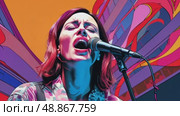 A passionate singer captivates the audience with an energetic performance amidst colorful urban art as the sun sets. Стоковое AI-видео, аниматор Данила Большаков / Фотобанк Лори