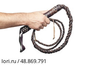 male hand holding brown leather whip isolated on white background. Стоковое фото, агентство Ingram Publishing / Фотобанк Лори