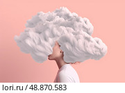 Ethereal Visions: woman with cloud-like hair, embodying an ethereal connection with nature on pink background. Стоковое AI-изображение, AI-художник Данила Большаков / Фотобанк Лори