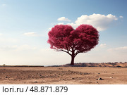 Eternal Love Awakens - A Symbolic Heart-shaped Tree Sprouts in an Arid Expanse. Стоковое AI-изображение, AI-художник Данила Большаков / Фотобанк Лори