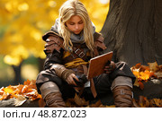 Ethereal Warrior: Defiant Guardian Rests Amid Natures Embrace, resolute woman adorned in intricate armor finds solace as she sits gracefully upon a tree branch. Стоковое AI-изображение, AI-художник Данила Большаков / Фотобанк Лори