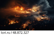 Sprawling and vibrant forest ignites into a mesmerizing inferno, casting a powerful and breathtaking glow upon the lush vegetation and towering trees. Стоковое AI-изображение, AI-художник Данила Большаков / Фотобанк Лори